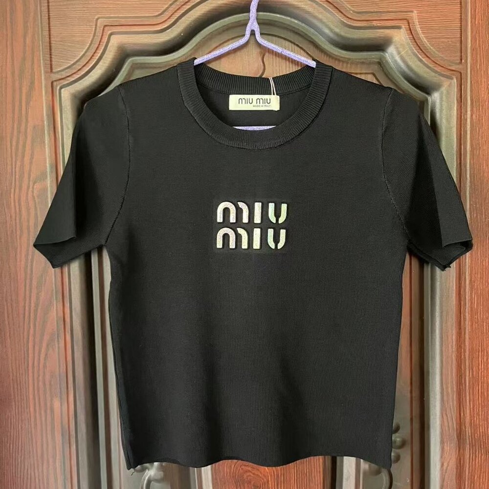 NWT Miu Miu Black Knit Short Sleeve Top | Iridescent Logo, Luxury Design